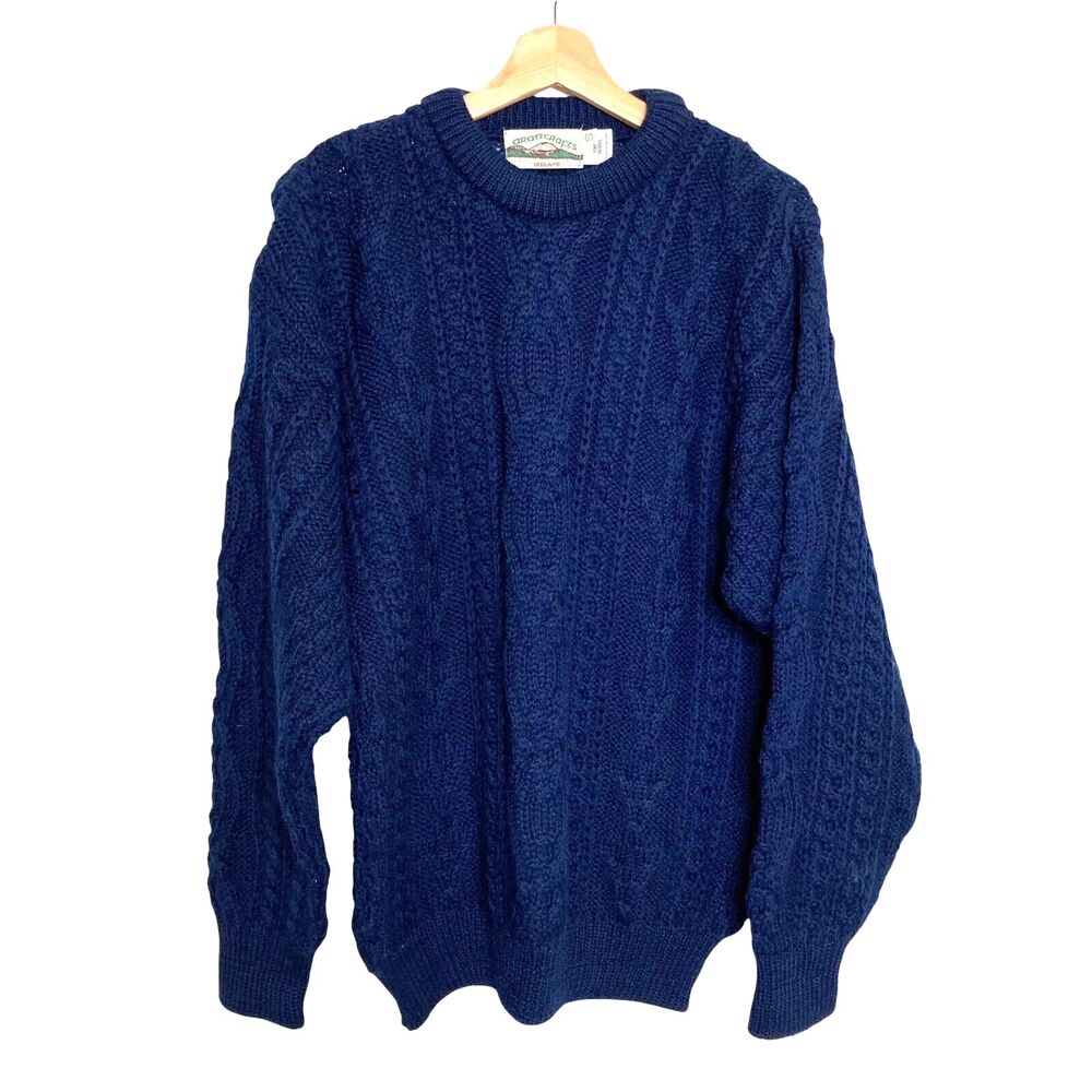 Aran Crafts Sweater Mens Cable Knit Merino Wool Fisherman Navy Blue Duster S